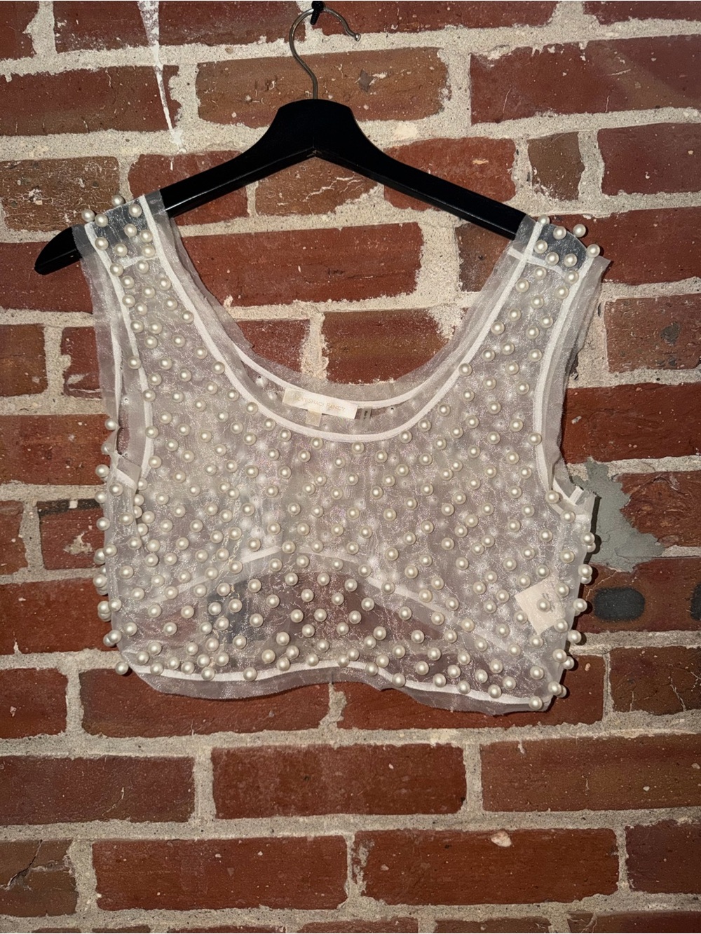 LoveShackFancy White Pearl-Embellished Mesh Crop Tank